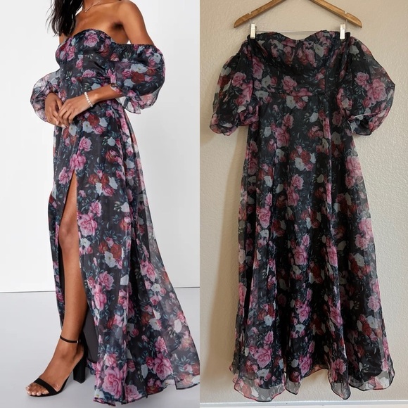 Lulus Dresses & Skirts - NWOT True Excellence Black Floral Bustier Off-The-Shoulder Maxi Dress